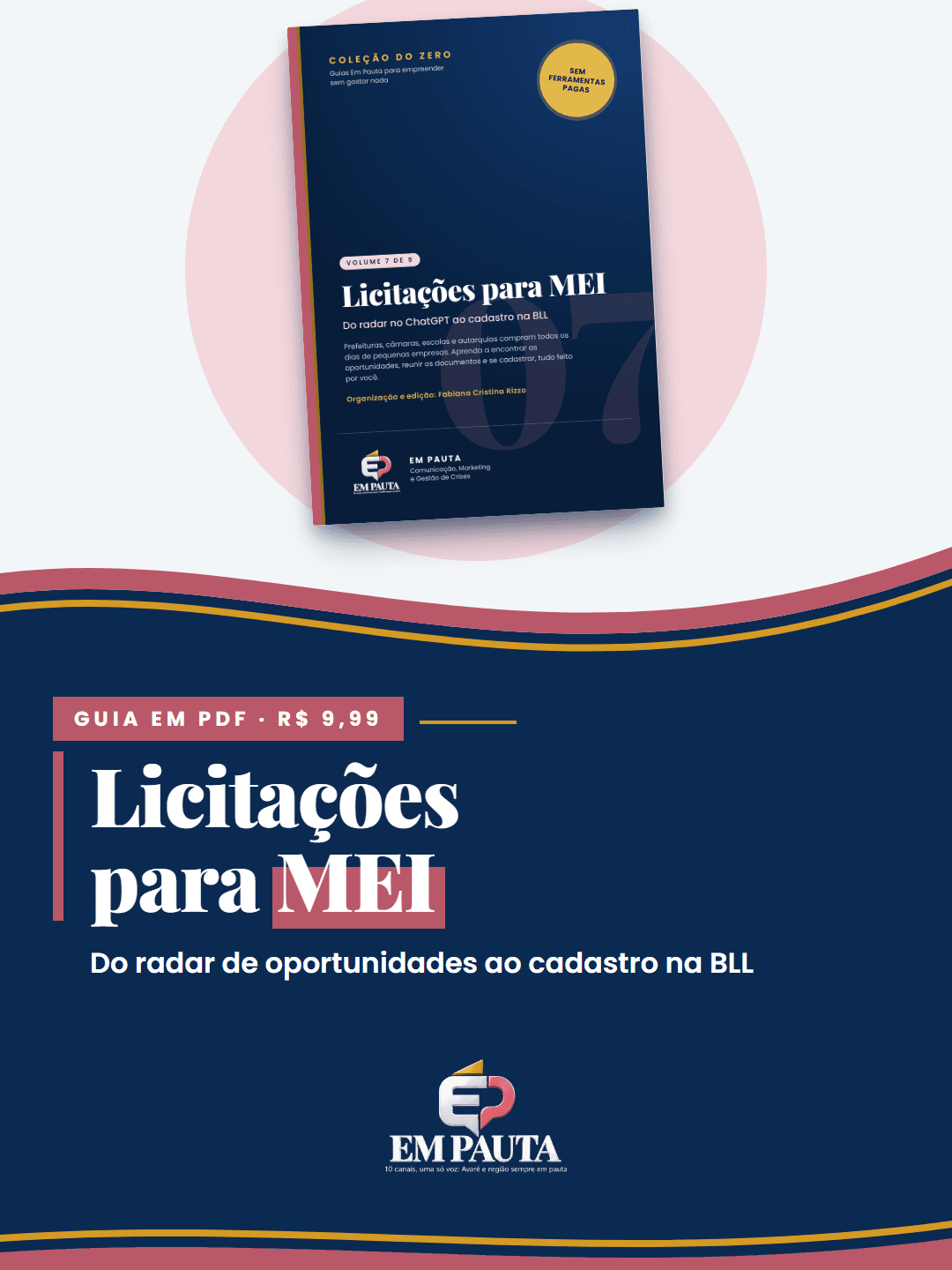 Arte do guia Licitações para MEI: capa do e-book em PDF, por R$ 9,99