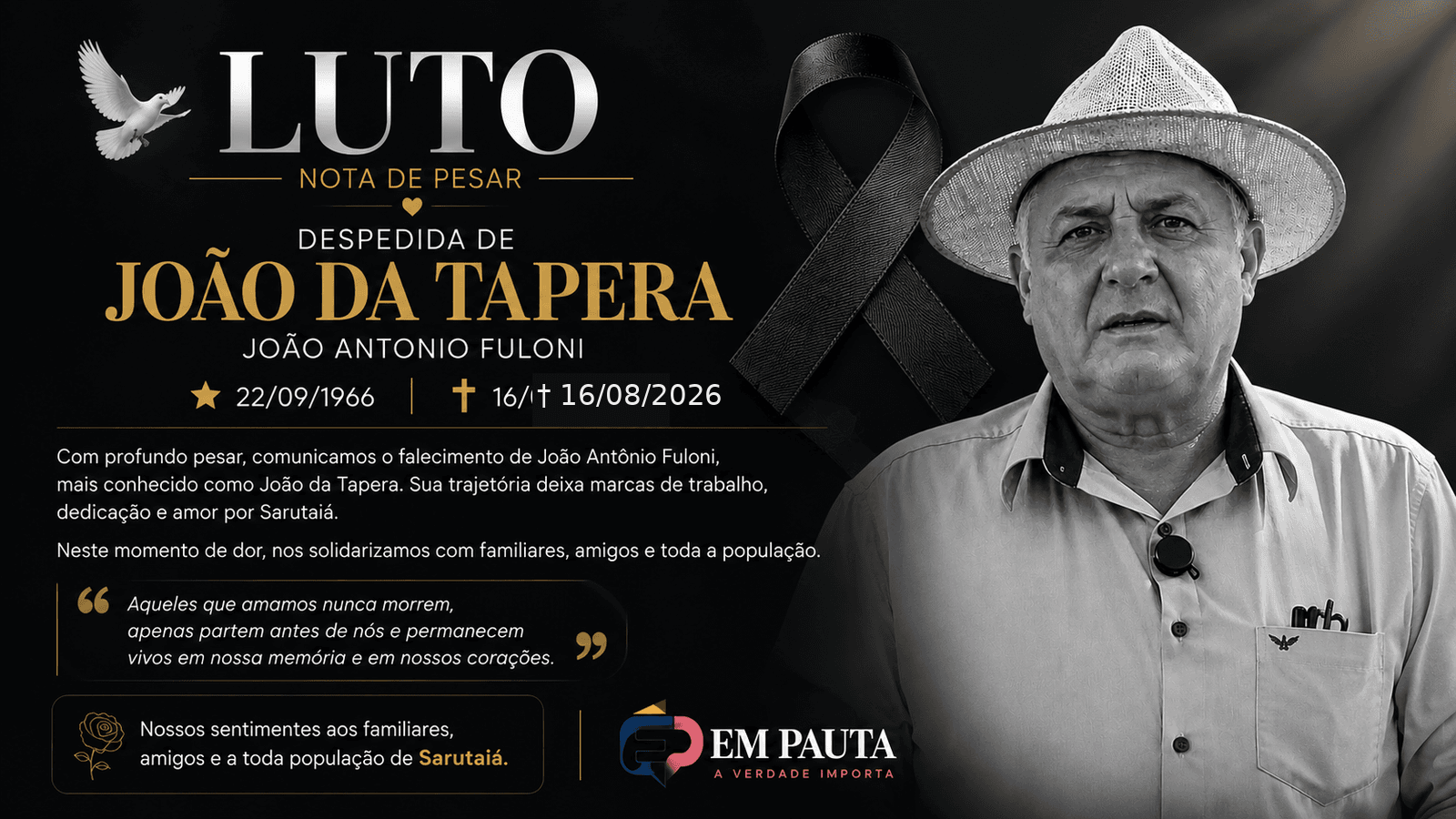 Arte de luto sobre o óbito do conhecido João da Tapera