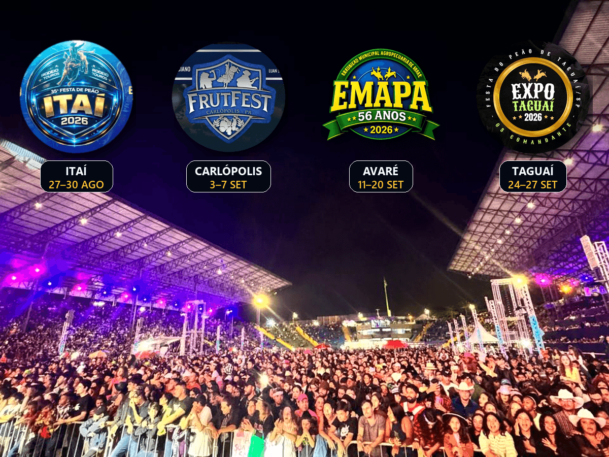 Festas do peão e exposições em Itaí, Carlópolis, Avaré e Taguaí reúnem rodeios e grandes shows, fortalecendo a economia, o turismo e a cultura regional.