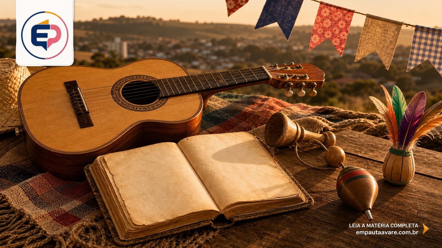 Imagem com elementos da cultura popular do interior, como viola caipira, bandeirinhas, caderno de receitas e brinquedos tradicionais, representando as memórias e tradições preservadas entre gerações.
