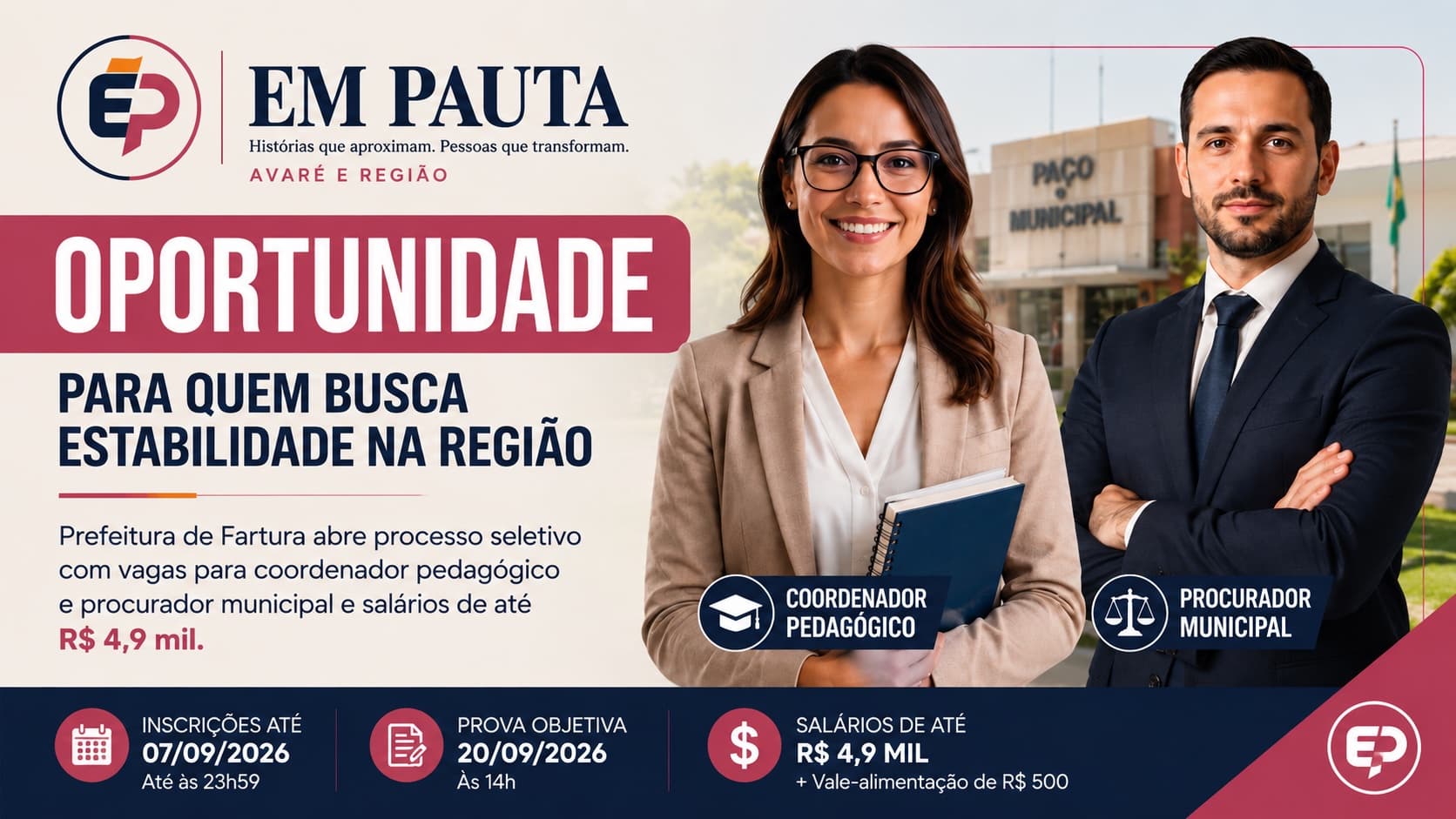 Fartura abre processo seletivo com salários de até R$ 4,9 mil e inscrições seguem até setembro