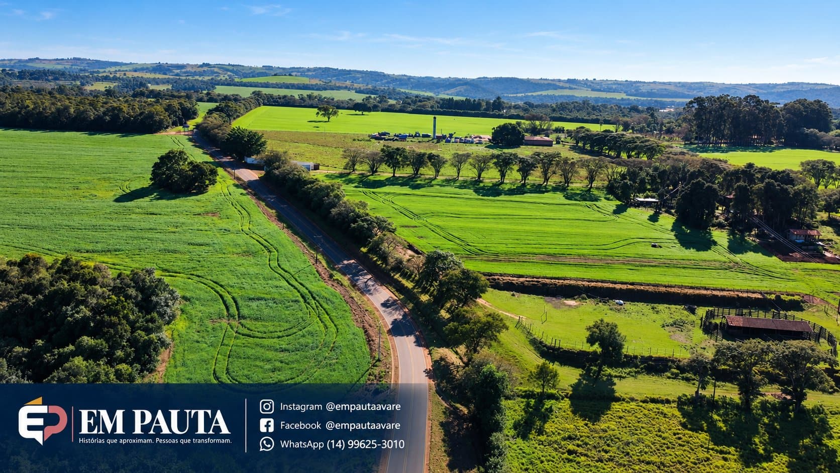 Foto aérea de uma paisagem rural, com extensas plantações verdes, estrada asfaltada cortando o campo, árvores, propriedades e áreas de pastagem ao fundo. O céu está azul e o dia ensolarado. Na parte inferior esquerda, há uma faixa azul-marinho com a identidade visual do Em Pauta e os contatos do Instagram, Facebook e WhatsApp.