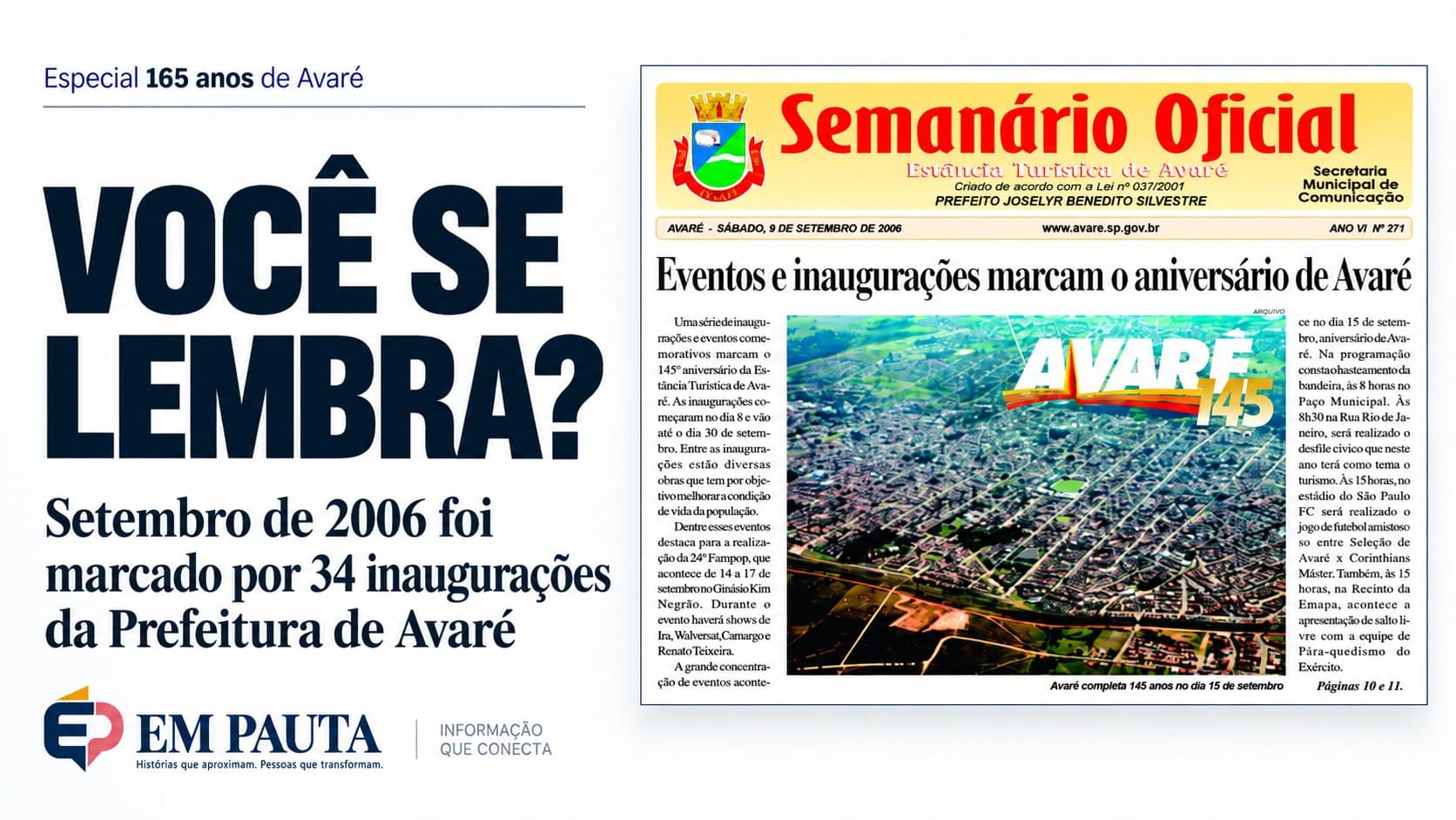 Arte jornalística do especial de 165 anos de Avaré, em fundo branco e composição horizontal. À esquerda, em letras grandes azul-marinho, aparece a chamada “VOCÊ SE LEMBRA?” e, abaixo, o texto “Setembro de 2006 foi marcado por 34 inaugurações da Prefeitura de Avaré”. No canto inferior esquerdo está o logo do Em Pauta. À direita, a reprodução da capa do Semanário Oficial de 9 de setembro de 2006, com o título “Eventos e inaugurações marcam o aniversário de Avaré” e uma foto aérea da cidade com a marca “Avaré 145”. No topo esquerdo, aparece a identificação “Especial 165 anos de Avaré”.