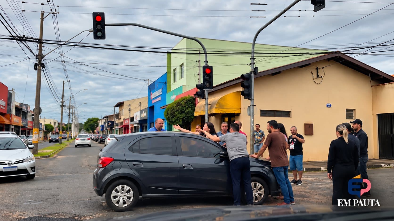 #PraCegoVer: imagem mostra um cruzamento urbano em Avaré, com um automóvel escuro parado no centro da via e várias pessoas próximas ao veículo. Ao fundo, aparecem semáforos, postes, fiação elétrica e estabelecimentos comerciais. À esquerda, outro carro está na via com a placa desfocada para preservar a identificação. A cena registra momentos após o acidente ocorrido no cruzamento da Avenida Pinheiro Machado com a Rua Arandu.