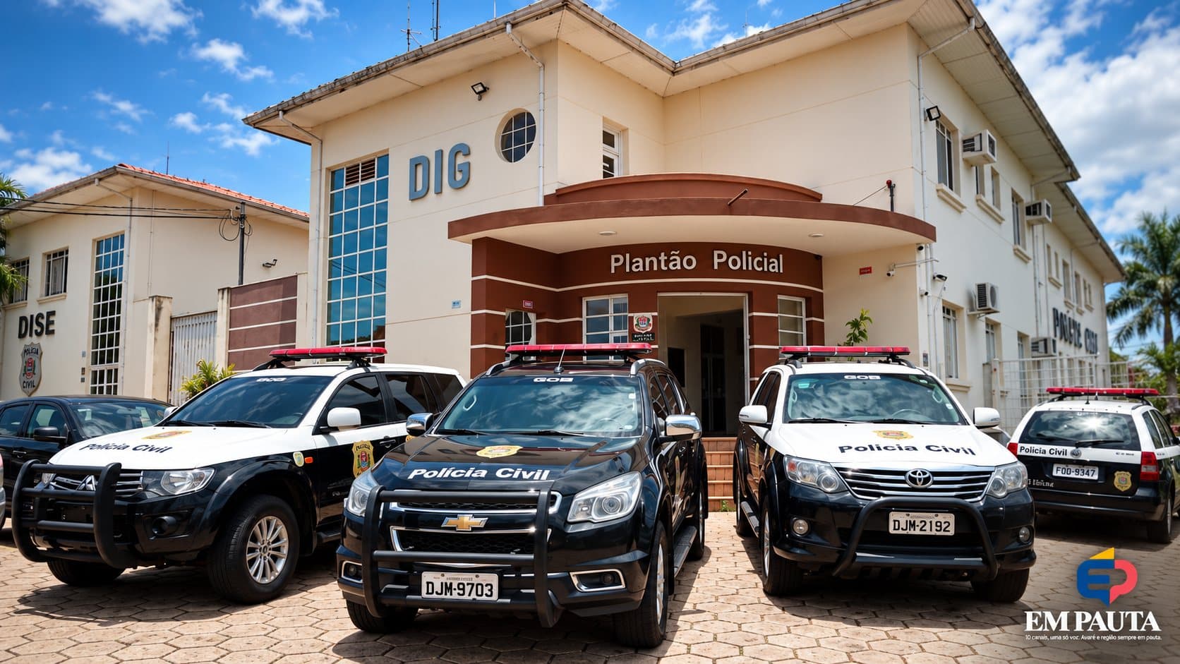 Foto mostra a fachada do Plantão Policial e da DIG, com diversas viaturas da Polícia Civil estacionadas em frente ao prédio. O céu está azul, com algumas nuvens, e a imagem destaca a entrada principal da unidade e os veículos oficiais.