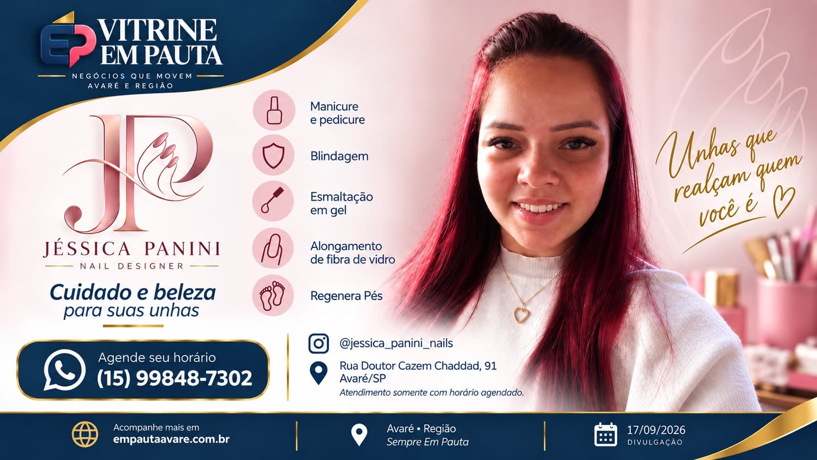 Jéssica Panini oferece serviços de cuidados com unhas e pés em Avaré
