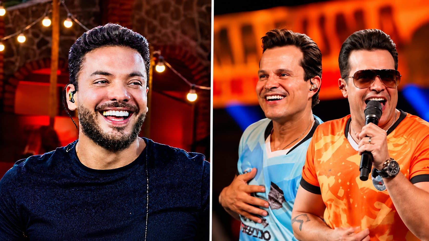 Imagem dividida em dois quadros. À esquerda, Wesley Safadão aparece sorrindo. À direita, os integrantes da dupla João Neto & Frederico aparecem juntos durante uma apresentação.
